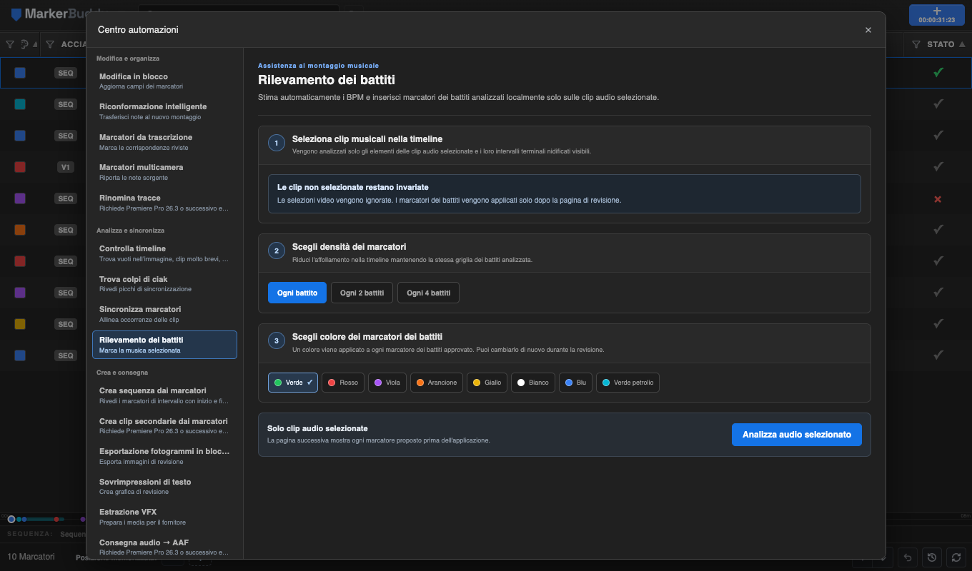 Configurazione di Rilevamento dei battiti con istruzioni per l'audio selezionato, densità dei marcatori e controlli del colore