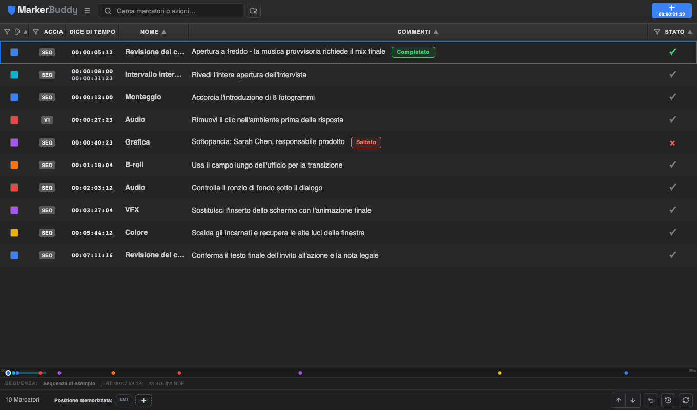 Barra delle posizioni memorizzate con dieci comandi identici LM1-LM10, etichette LOC compatte ed etichette LM numerate e collegate nella Mini timeline, senza sovrapposizioni