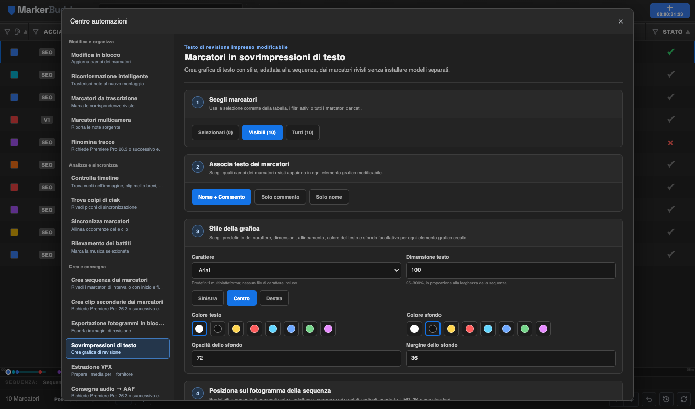 Configurazione di Sovrimpressioni di testo con ambito dei marcatori, stile, posizione adattata alla sequenza, durata dei punti e traccia video di destinazione