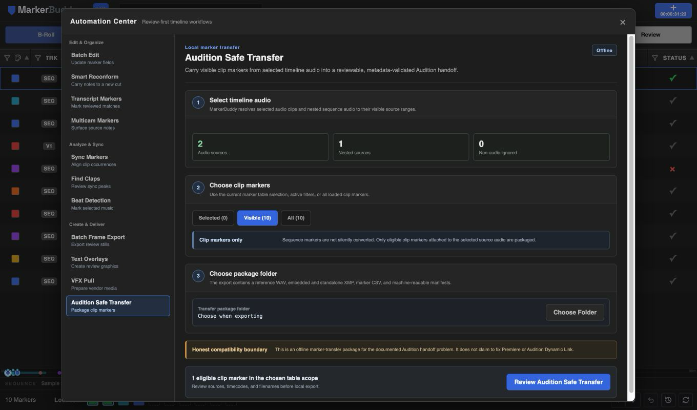 Audition Safe Transfer setup with selected audio, nested source counts, and clip-marker-only scope