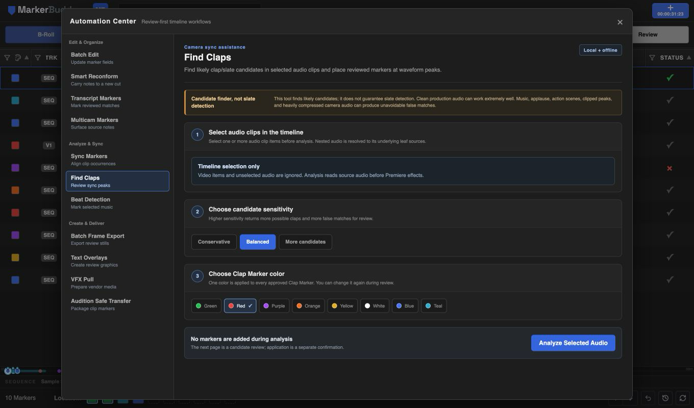 MarkerBuddy Batch Frame Export workflow showing marker scope, full-resolution image format, naming template, and reviewed export controls