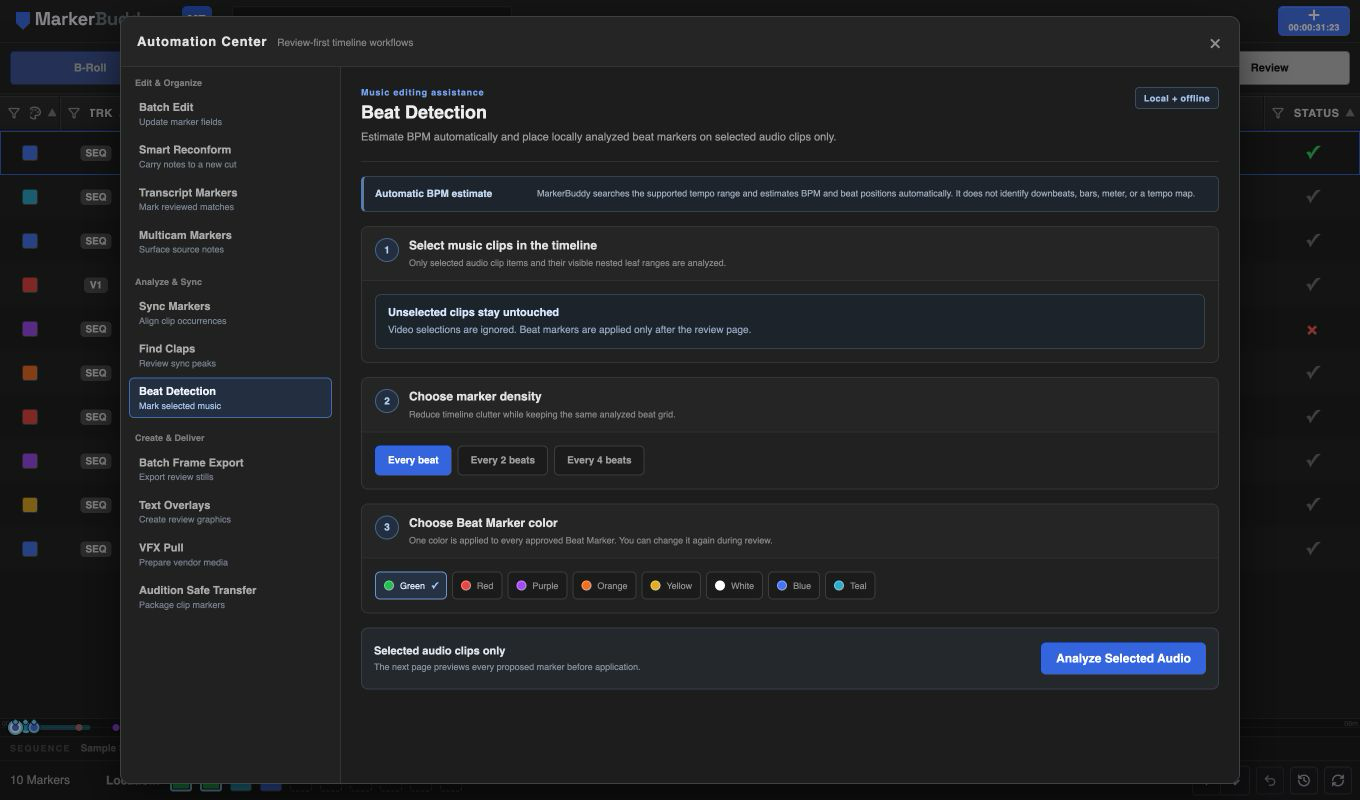 Beat Detection setup with automatic BPM estimation, marker density, and color