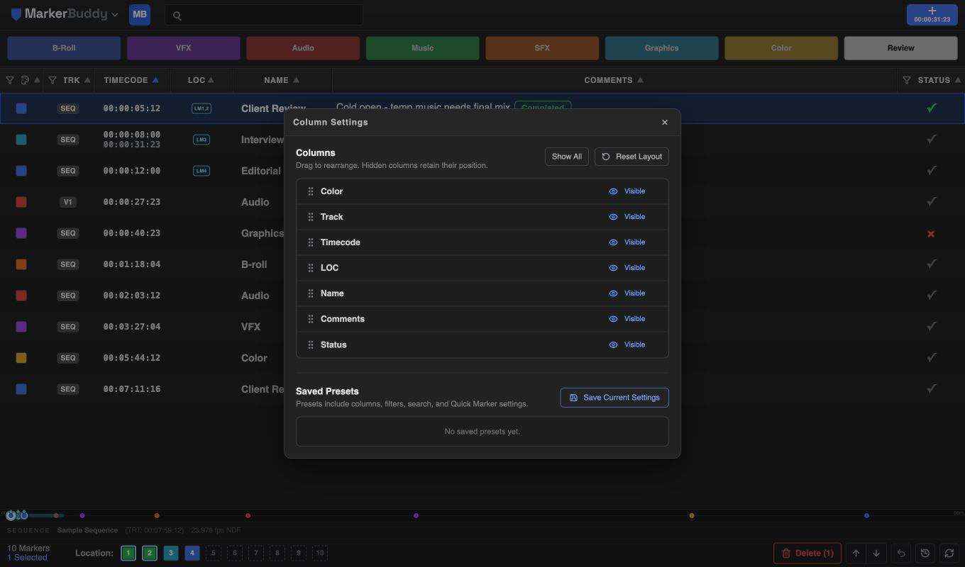 Column Settings with seven supported columns and Saved Presets