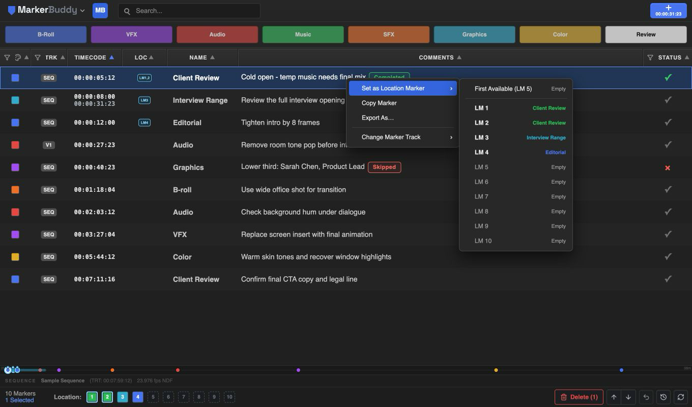 Location Markers with footer slots, LM badges, a spanned marker, and mini-timeline cues