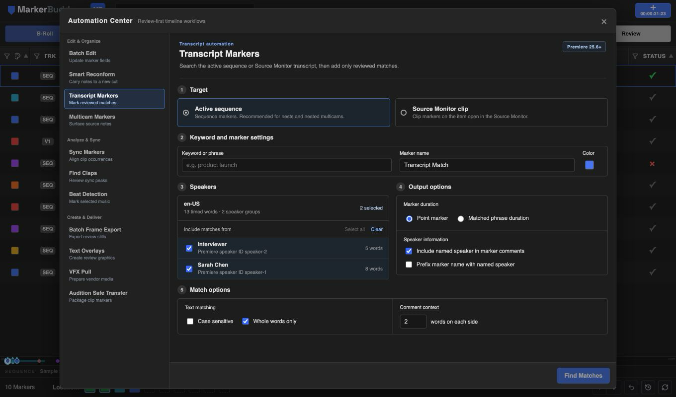 MarkerBuddy Transcript Markers setup with target, keyword, speaker filters, output options, and match options