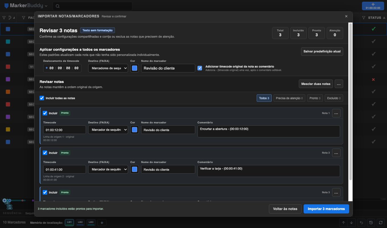 A Revisão de importação do MarkerBuddy 1.5.2 ajusta automaticamente notas de exemplo a uma sequência que começa em uma hora