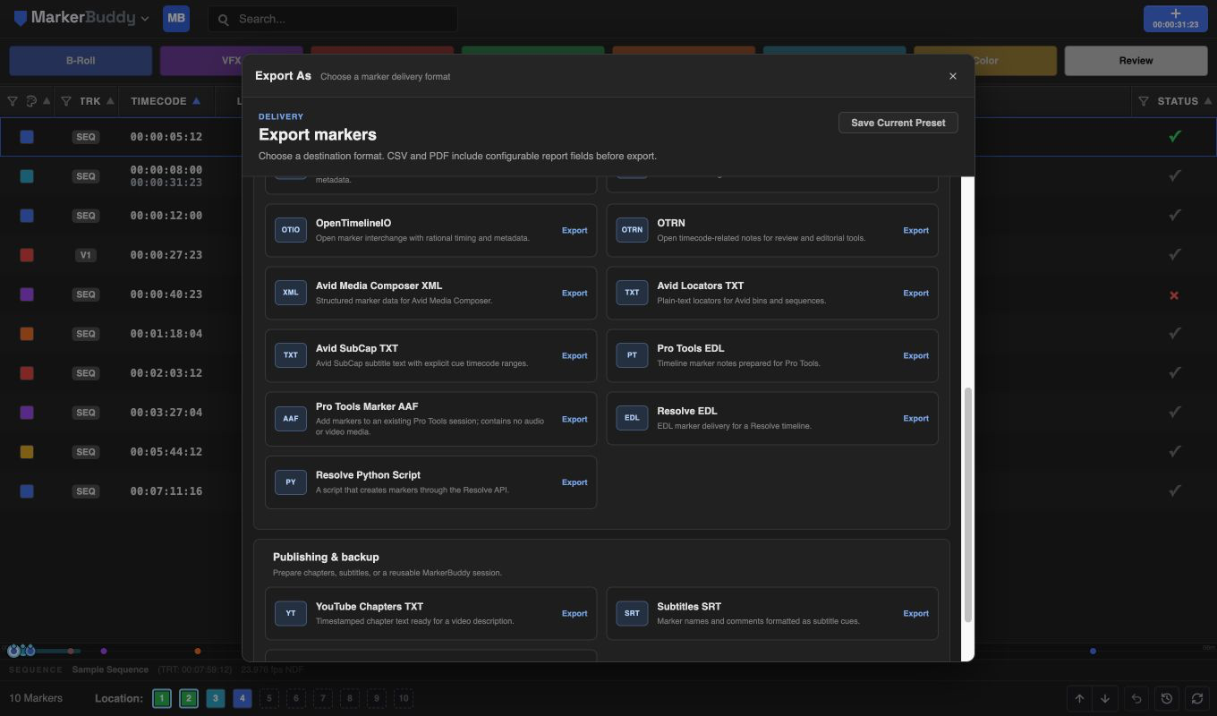 Export dialog