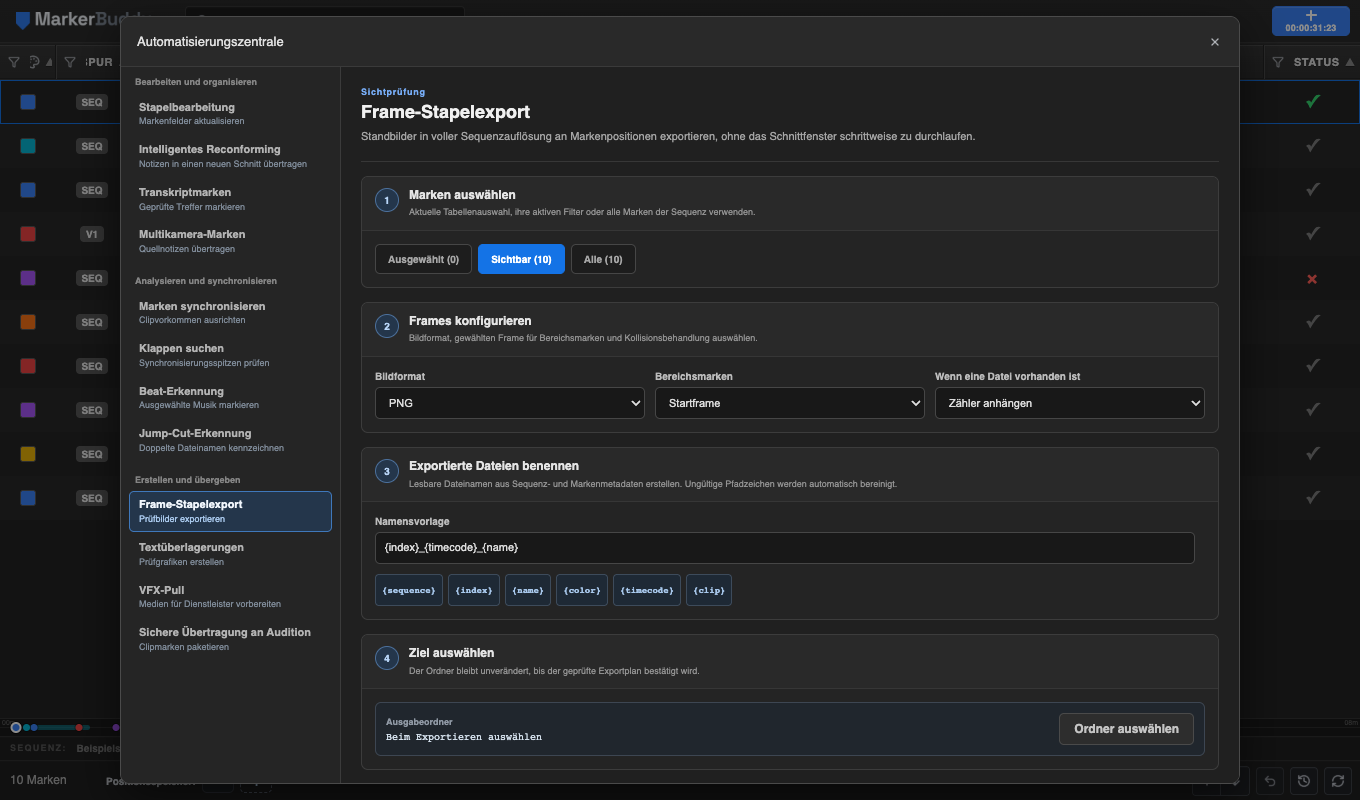 MarkerBuddy-Workflow für den Frame-Stapelexport mit Markenbereich, Bildformat in voller Auflösung, Namensvorlage und Bedienelementen für den geprüften Export