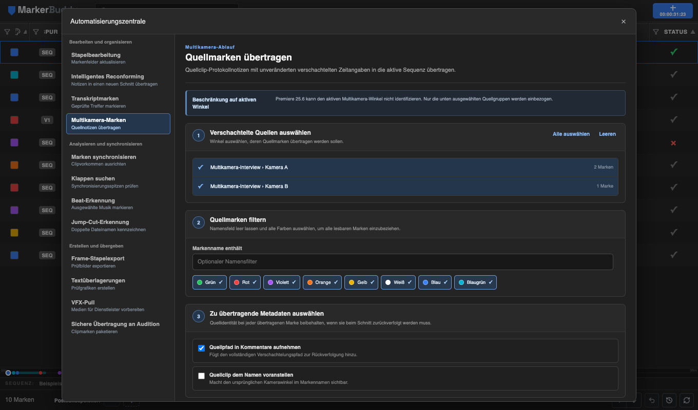 Multikamera-Marken-Workflow von MarkerBuddy mit ausgewählten verschachtelten Quellen, Markennamenfilter, Farbfiltern und Steuerelementen für projizierte Metadaten