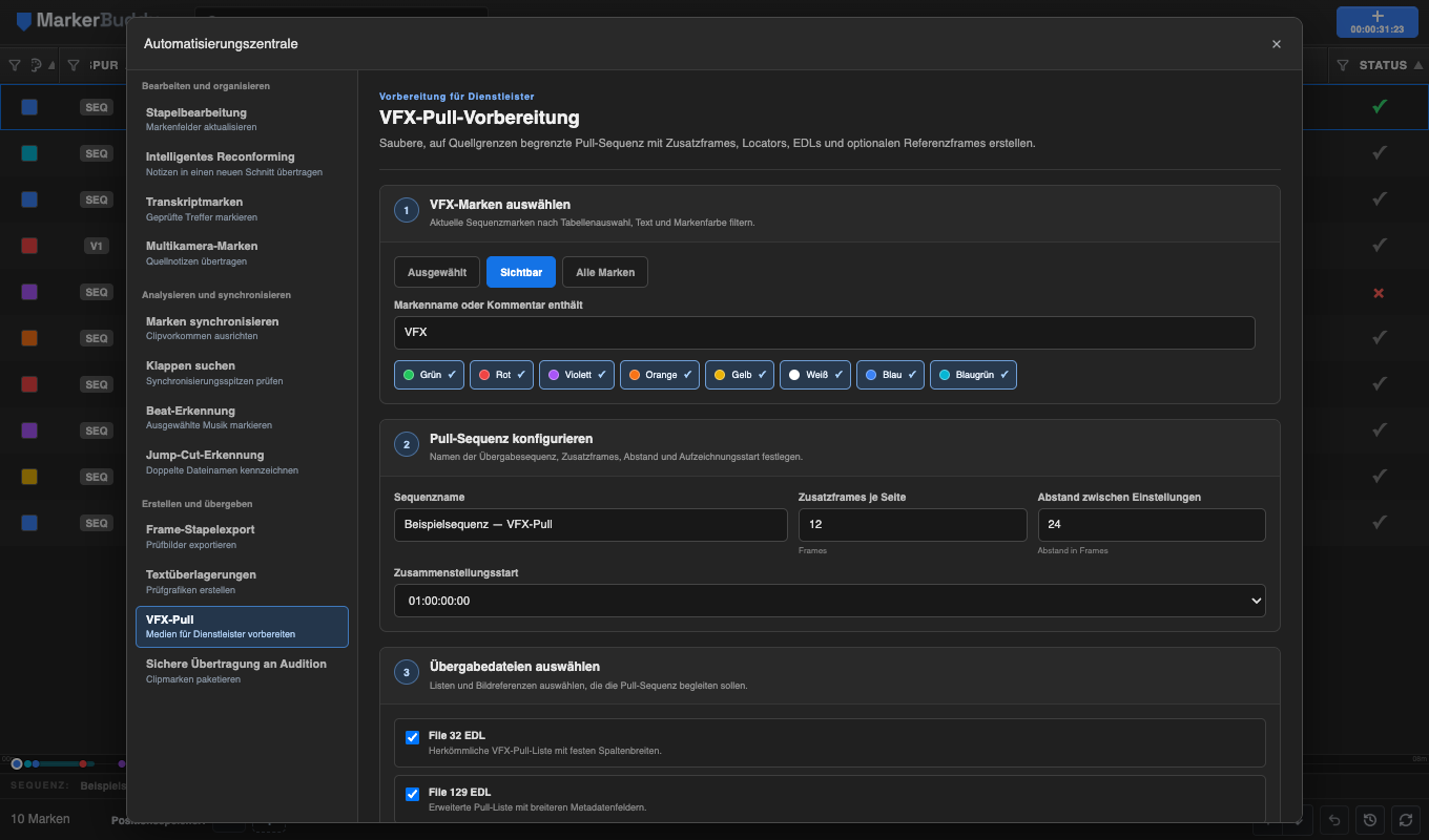 MarkerBuddy-Workflow VFX-Pull-Vorbereitung mit VFX-Markenfiltern, Zusatzframe-Einstellungen, Sequenzzusammenstellung, File 32- und File 129-Ausgabe sowie Referenzframes