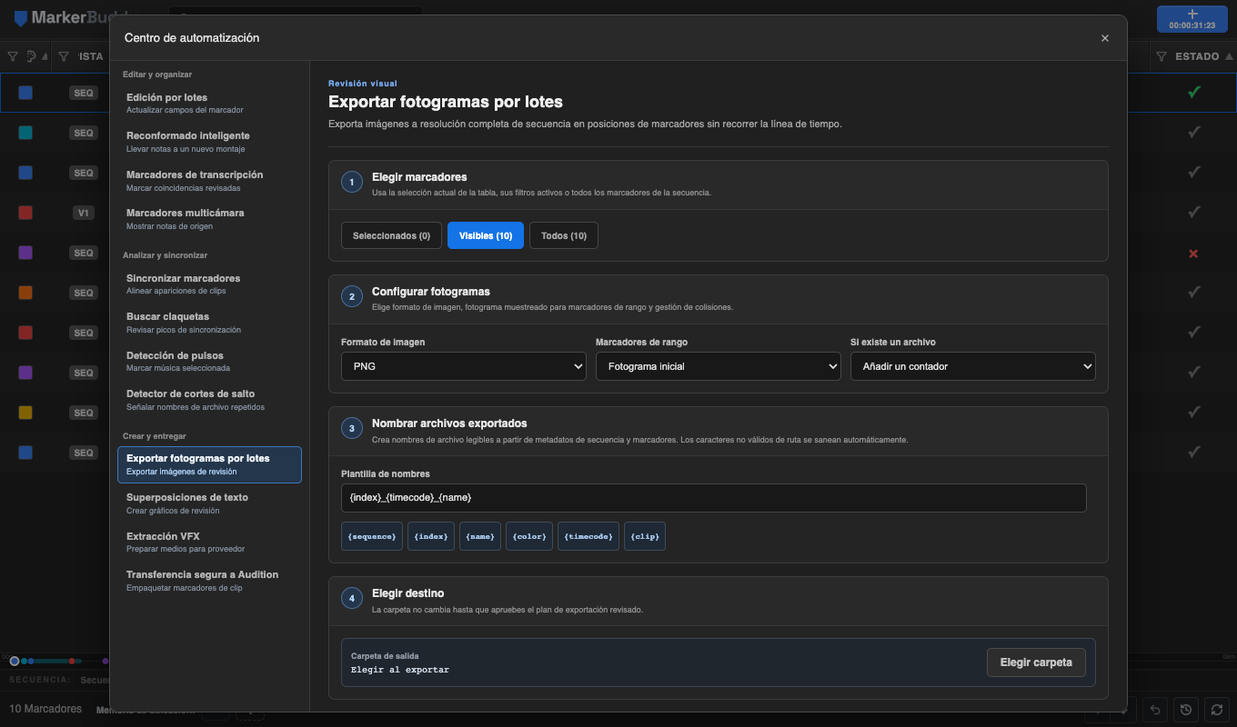 Flujo de Exportar fotogramas por lotes de MarkerBuddy con el alcance de los marcadores, el formato de imagen a resolución completa, la plantilla de nombre y los controles de exportación revisada