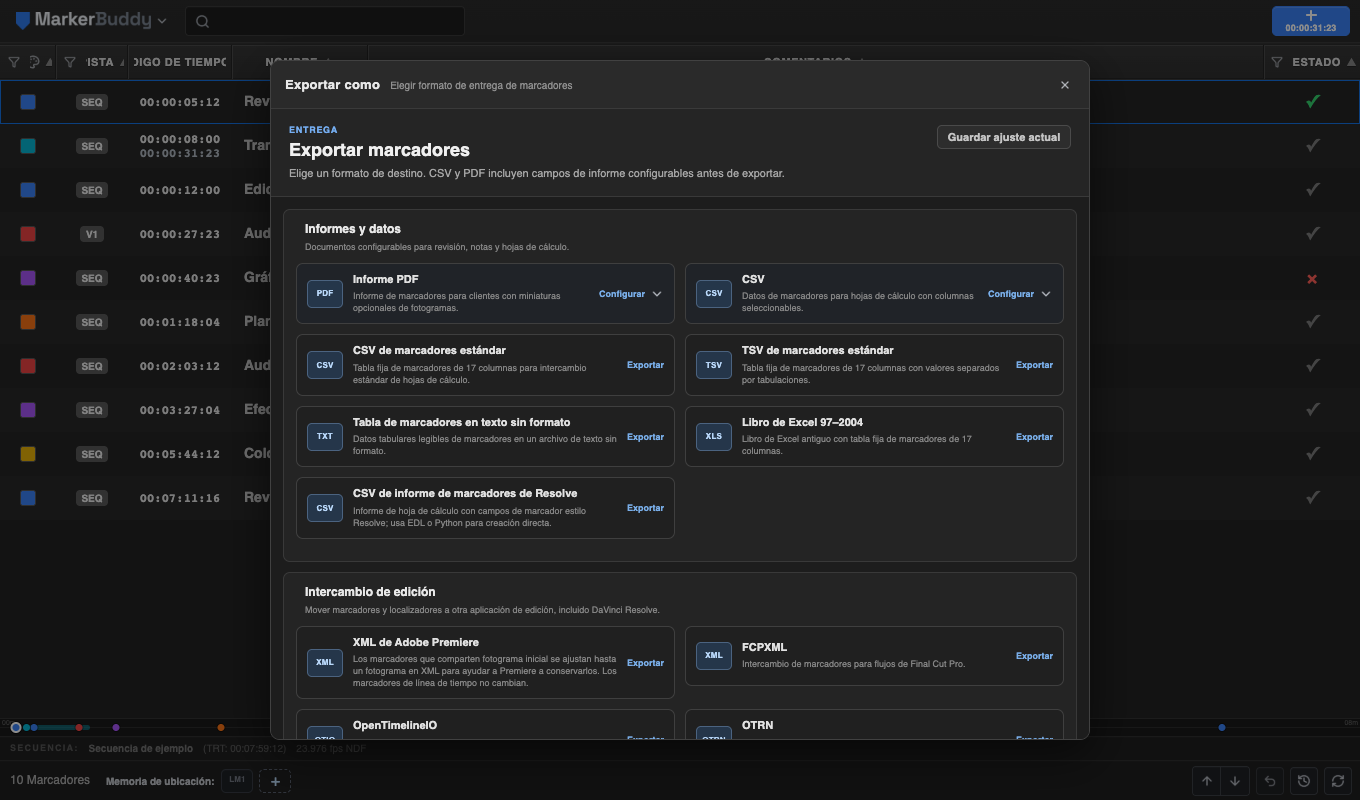 Ventana Exportar como de MarkerBuddy con AAF de marcadores de Pro Tools entre los formatos de intercambio de montaje