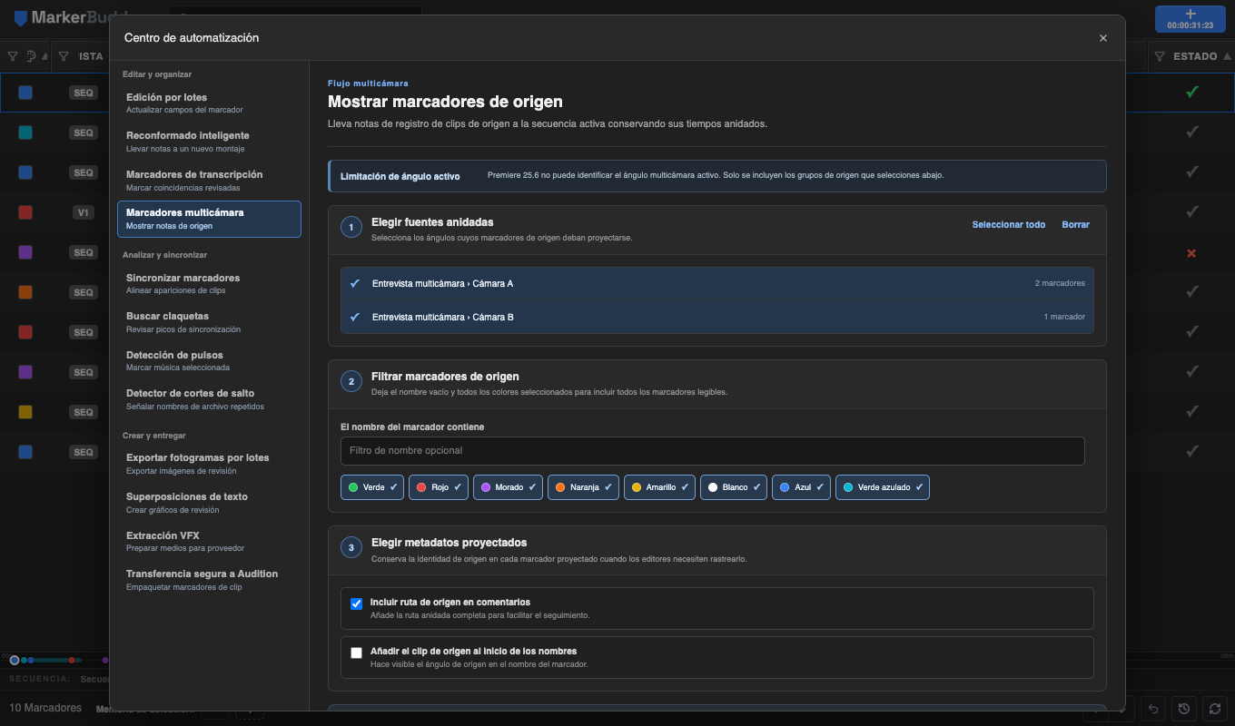 Flujo de Marcadores multicámara de MarkerBuddy con fuentes anidadas seleccionadas, filtro de nombres de marcadores, filtros de color y controles de metadatos proyectados