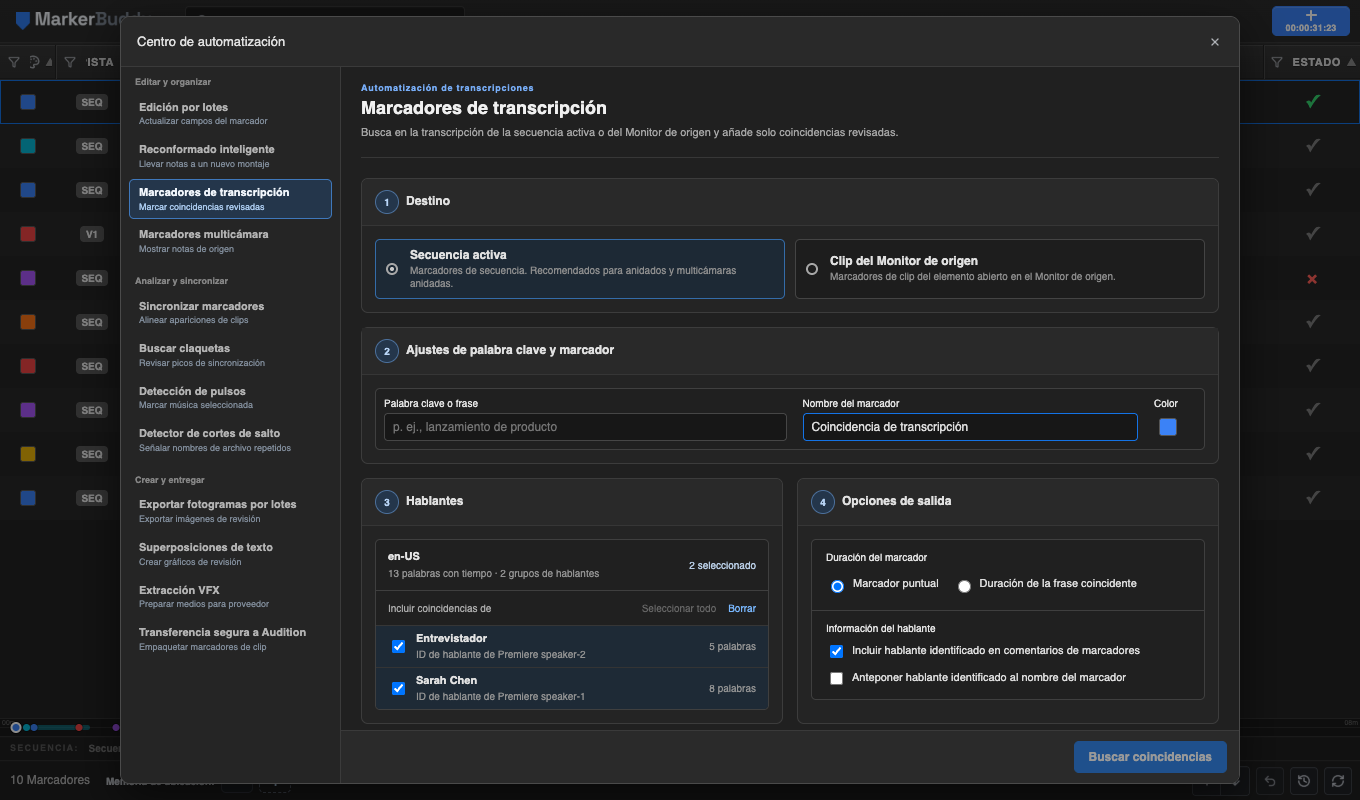 Configuración de Marcadores de transcripción de MarkerBuddy organizada en cinco tarjetas numeradas: destino, palabra clave y ajustes del marcador, hablantes, opciones de salida y opciones de coincidencia