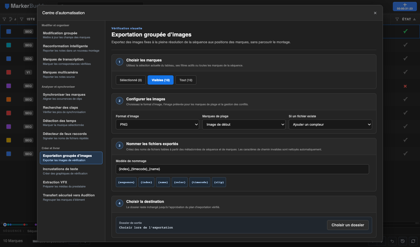 Workflow d’Exportation groupée d’images de MarkerBuddy montrant la portée des marques, le format d’image en pleine résolution, le modèle de nommage et les commandes d’exportation vérifiée