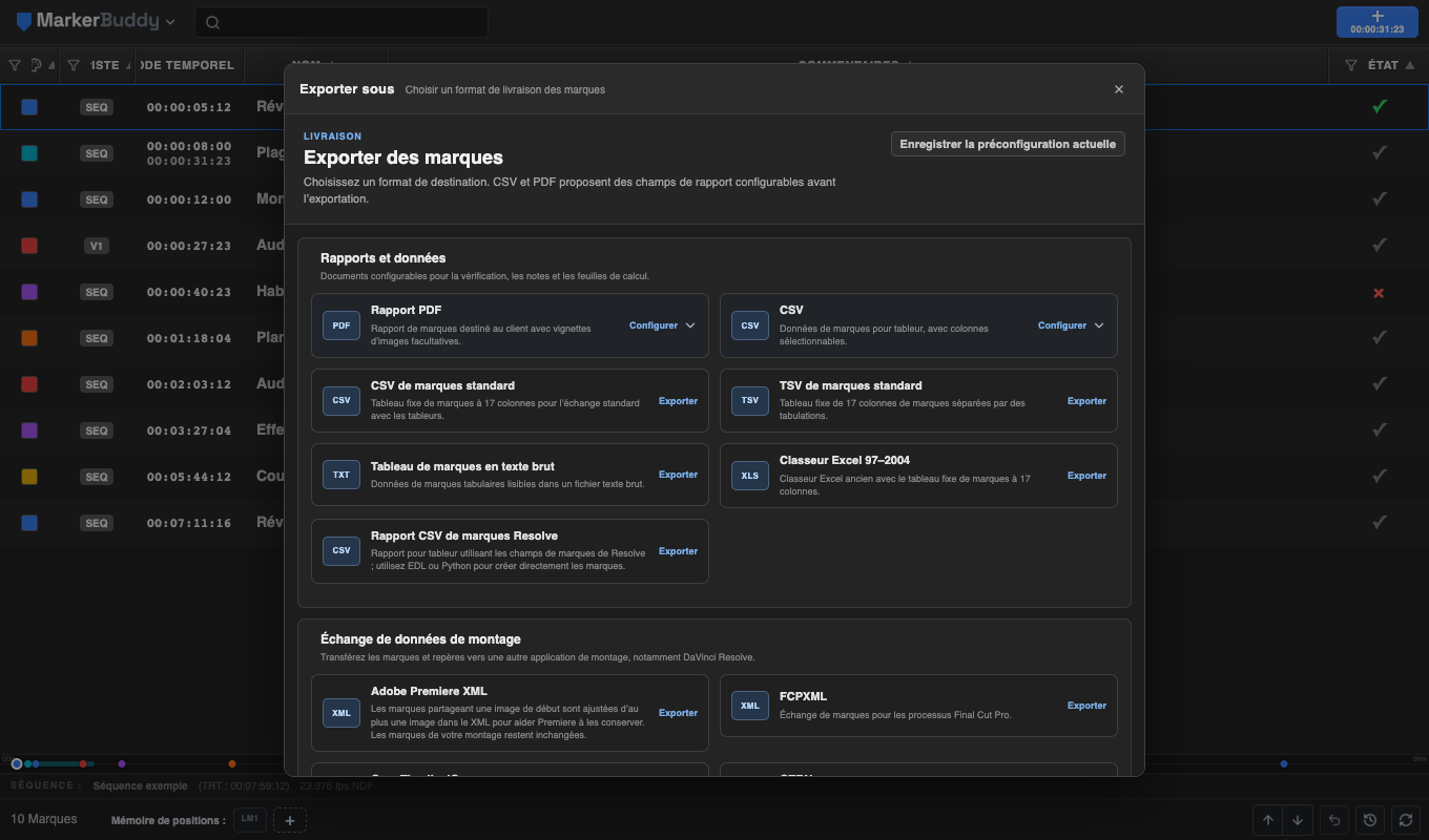 Fenêtre Exporter sous de MarkerBuddy présentant Pro Tools Marker AAF parmi les formats d’échange pour le montage