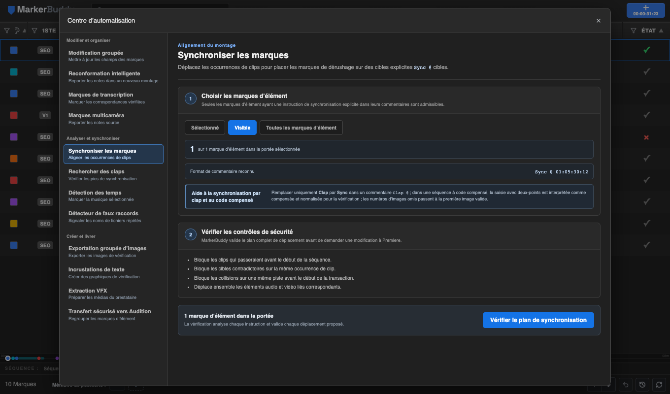 Flux Synchroniser les marques de MarkerBuddy montrant la portée des marques d’élément, les instructions explicites Sync @, la conversion du code temporel compensé, les contrôles de sécurité et l’action de vérification