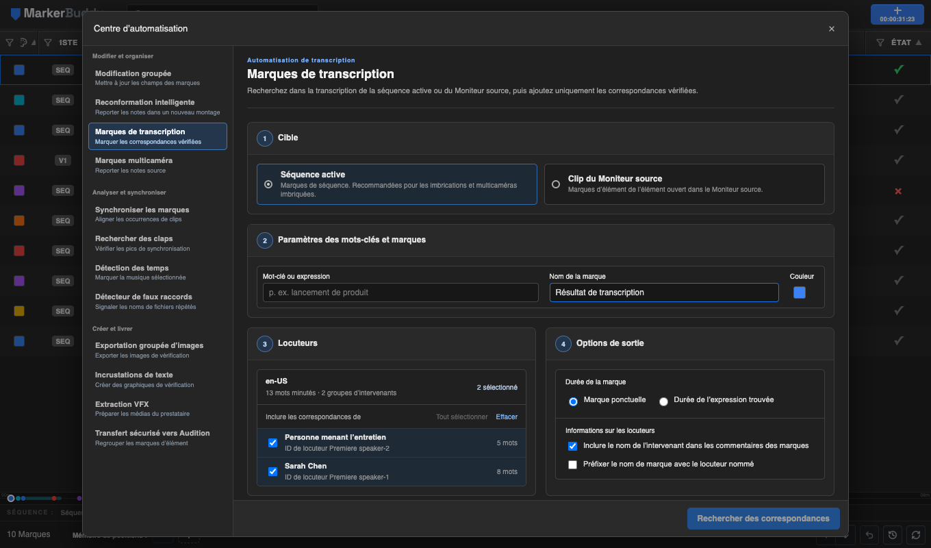 Configuration de Marques de transcription dans MarkerBuddy, organisée en cinq cartes numérotées pour la cible, le mot-clé et les paramètres de marque, les locuteurs, les options de sortie et les options de correspondance
