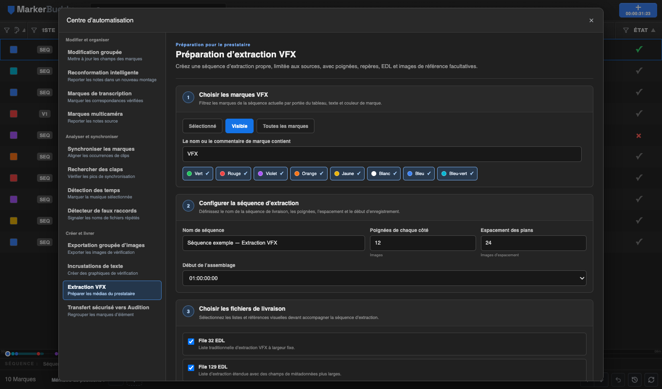 Workflow Préparation d’extraction VFX de MarkerBuddy présentant les filtres de marques VFX, les réglages de poignées, l’assemblage de séquence, les sorties File 32 et File 129 et les images de référence