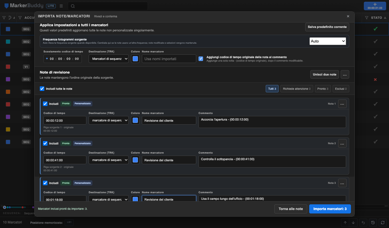 Anteprima di MarkerBuddy Lite con tre note di testo semplice pronte per l’importazione