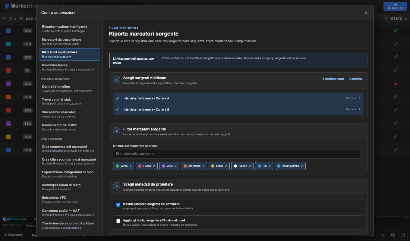 Configurazione della proiezione dei marcatori multicamera