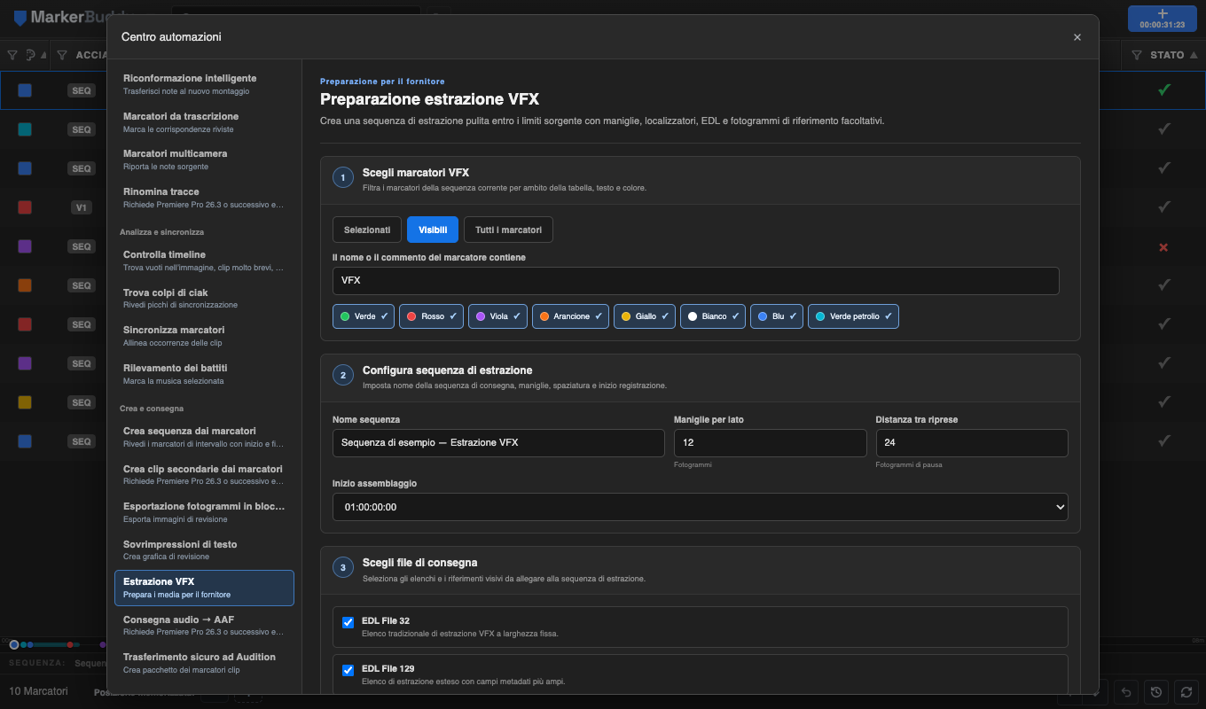 Configurazione di Preparazione estrazione VFX