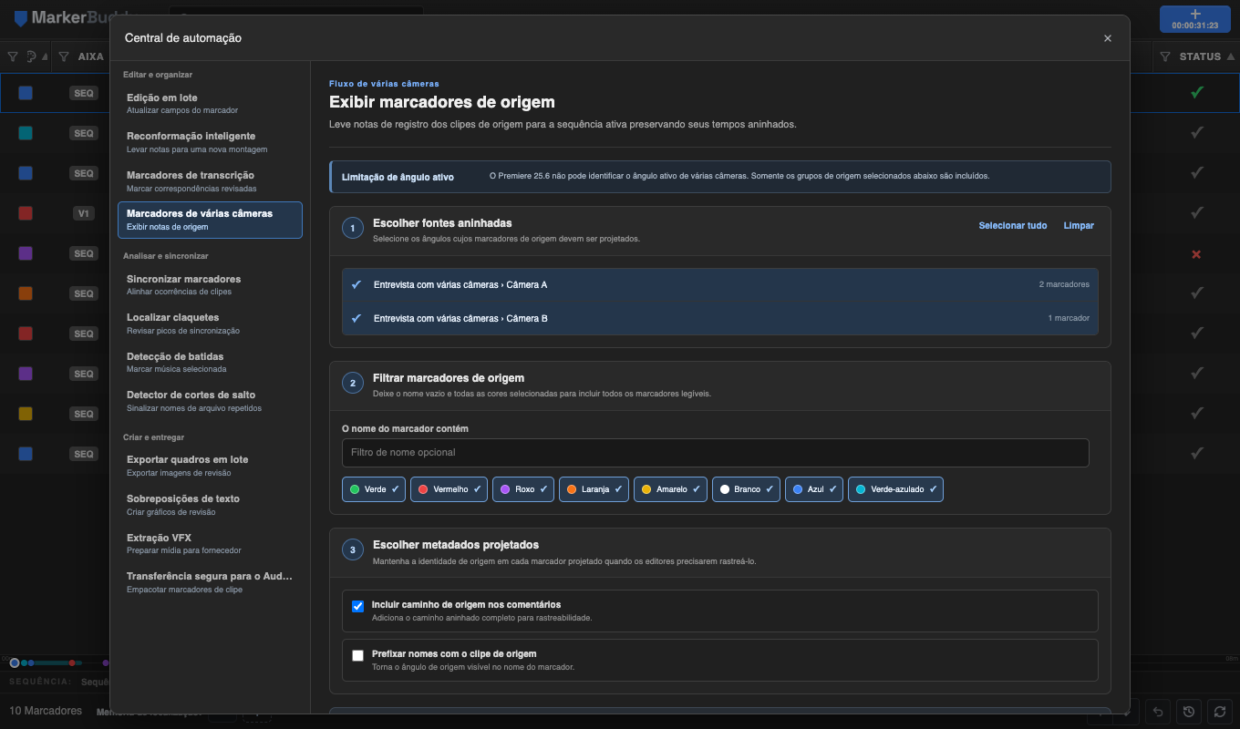 Fluxo Marcadores de várias câmeras do MarkerBuddy mostrando fontes aninhadas selecionadas, filtro de nomes de marcadores, filtros de cores e controles de metadados projetados