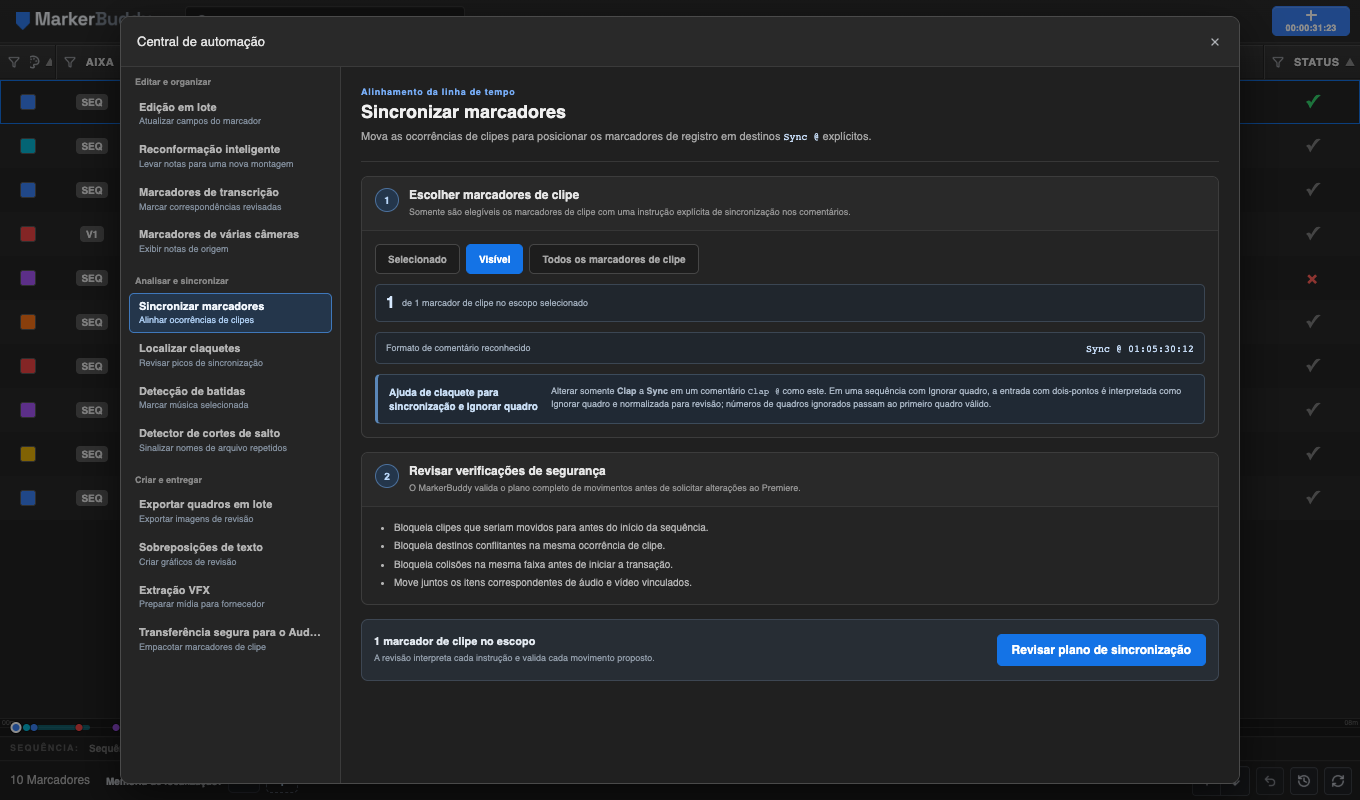 Fluxo Sincronizar marcadores do MarkerBuddy mostrando o escopo de marcadores de clipe, instruções explícitas Sync @, conversão de Ignorar quadro, verificações de segurança e ação de revisão