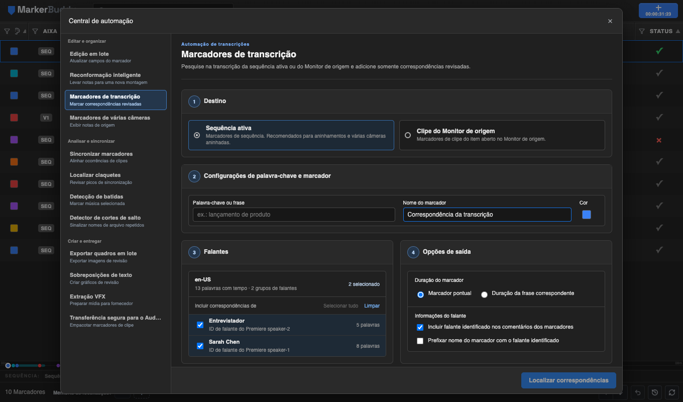 Configuração de Marcadores de transcrição do MarkerBuddy organizada em cinco cartões numerados para alvo, palavra-chave e configurações de marcador, falantes, opções de saída e opções de correspondência