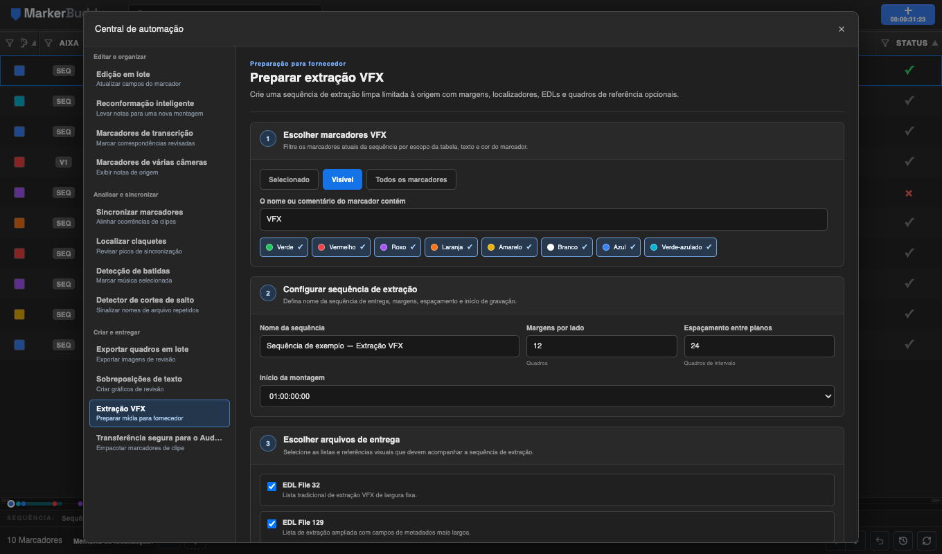 Fluxo de Preparar extração VFX do MarkerBuddy com filtros de marcadores VFX, configurações de margens, montagem de sequência, saídas File 32 e File 129 e quadros de referência
